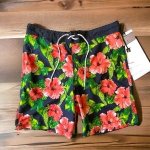 Men's Size XXL 9" Inseam Black Floral Print Board Short Swimming Trunks Tropical